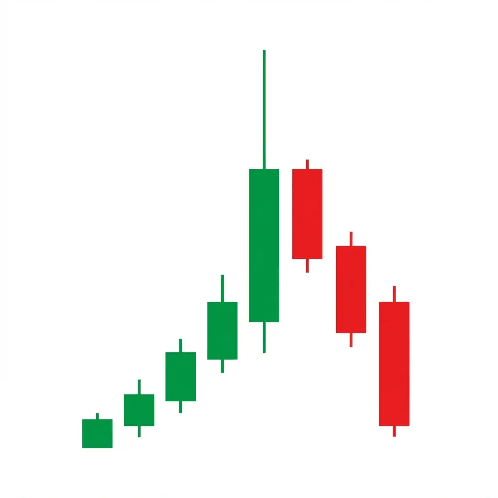 Buying Climax pattern showing a sharp price spike on extremely high volume followed by an immediate reversal, marking a potential market top