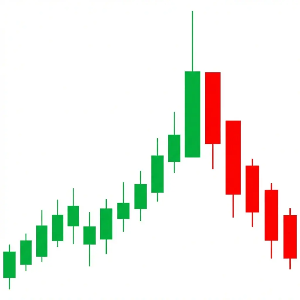 Bearish Climax Reversal showing a sharp price spike with a wide range candle that reverses and closes near its low after an extended uptrend
