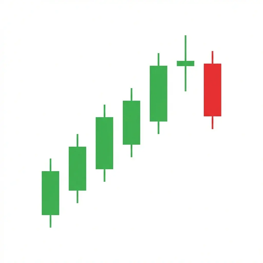 Bearish Doji Star showing a long bullish candle followed by a doji that gaps up, signaling indecision at the top of an uptrend