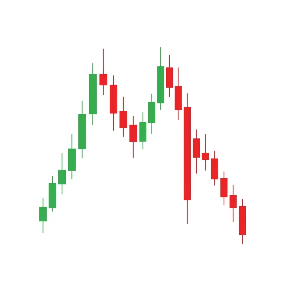 Double Top Breakdown showing the neckline break with a volume spike and the subsequent decline toward the measured move target