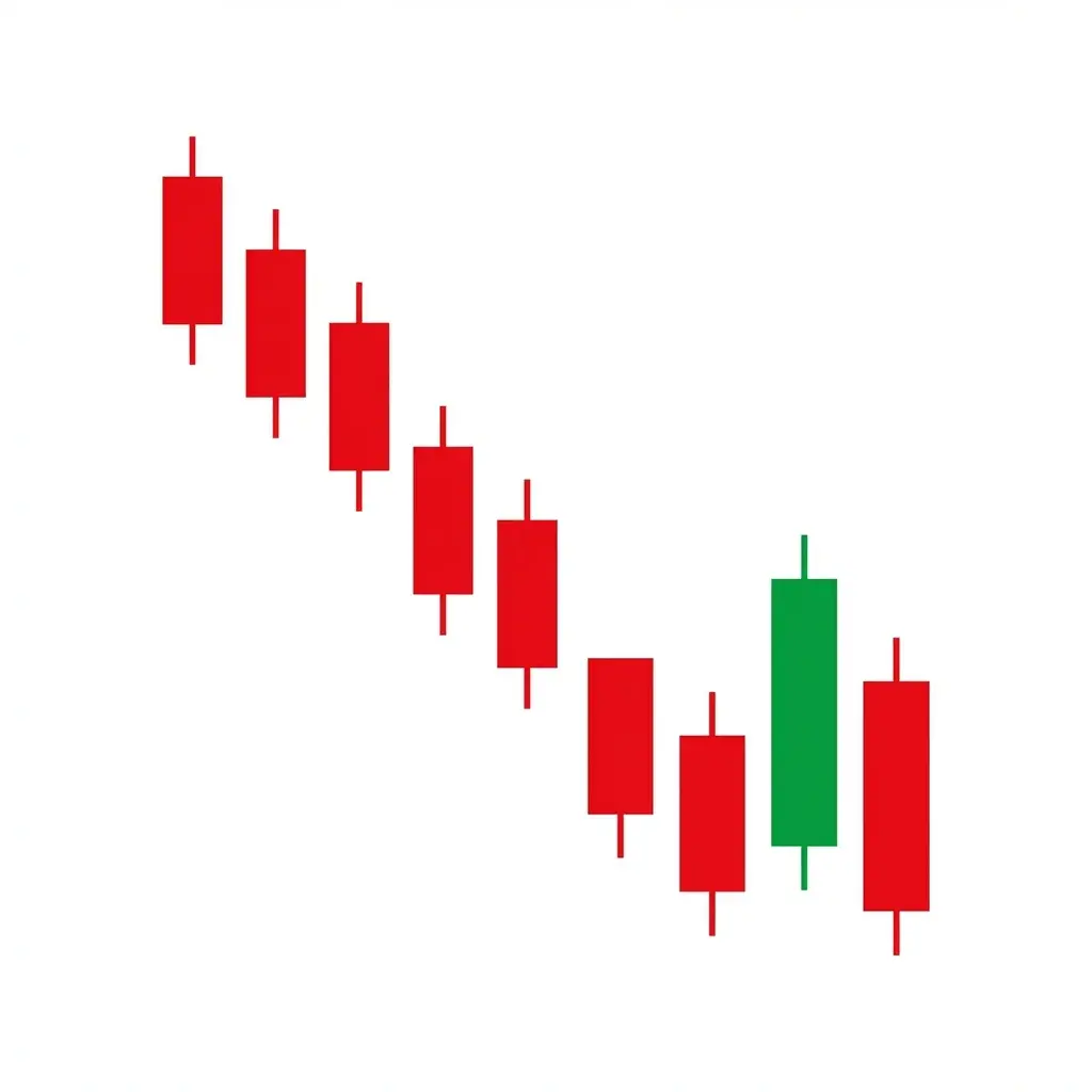Downside Tasuki Gap showing two bearish candles with a gap between them followed by a bullish candle that opens within the second candle and closes within the gap without filling it