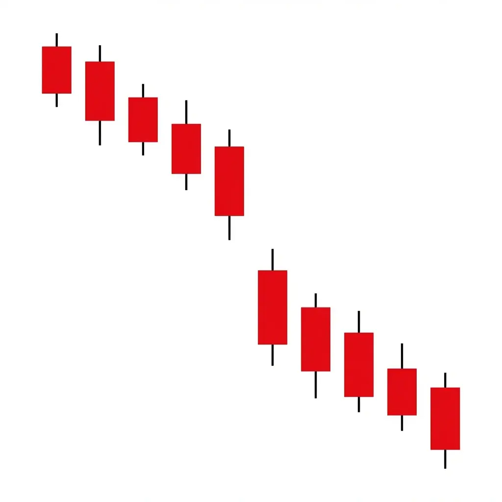 Bearish falling window chart pattern showing a downward gap between two candles