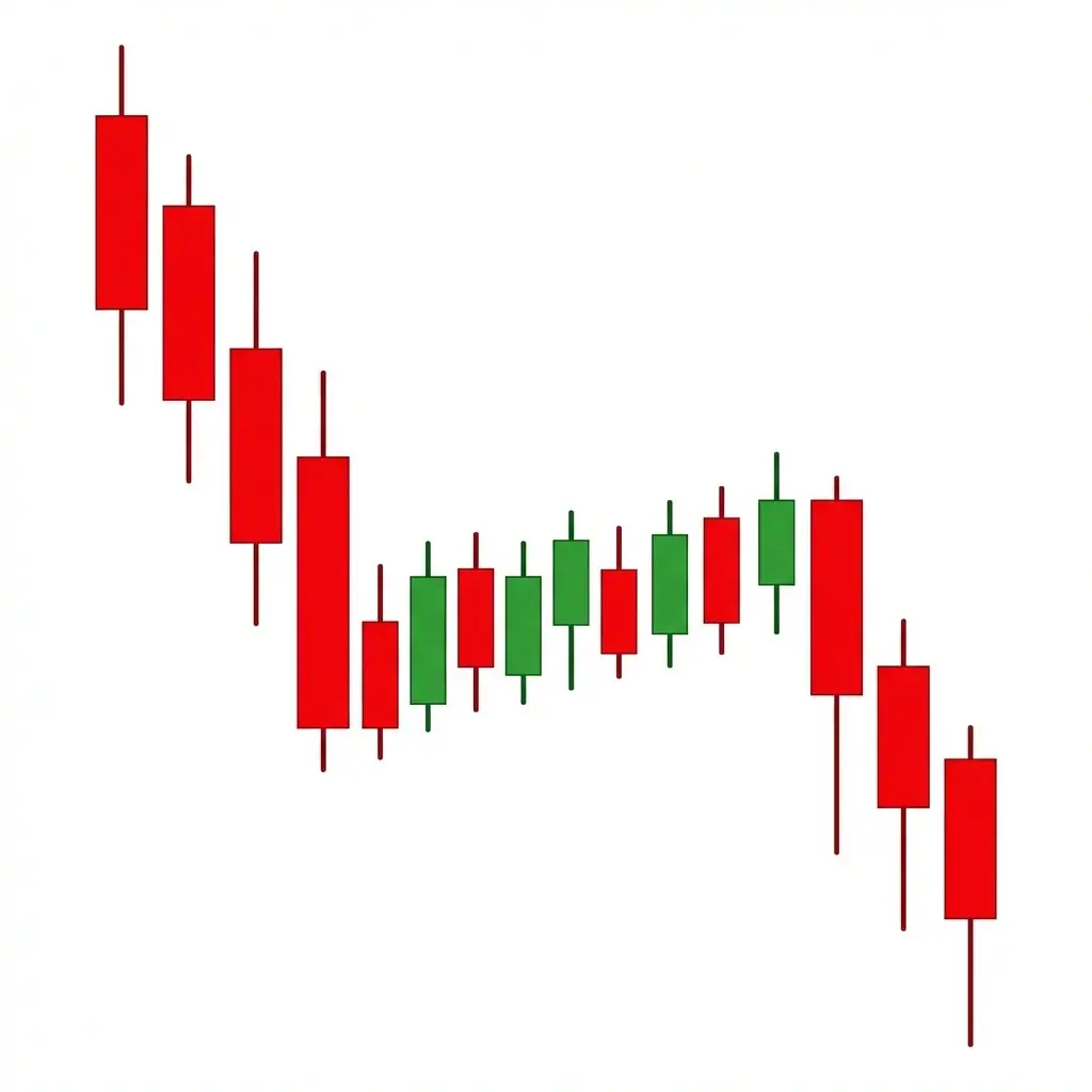 Bearish flag pattern showing a sharp decline followed by a rising parallel channel consolidation