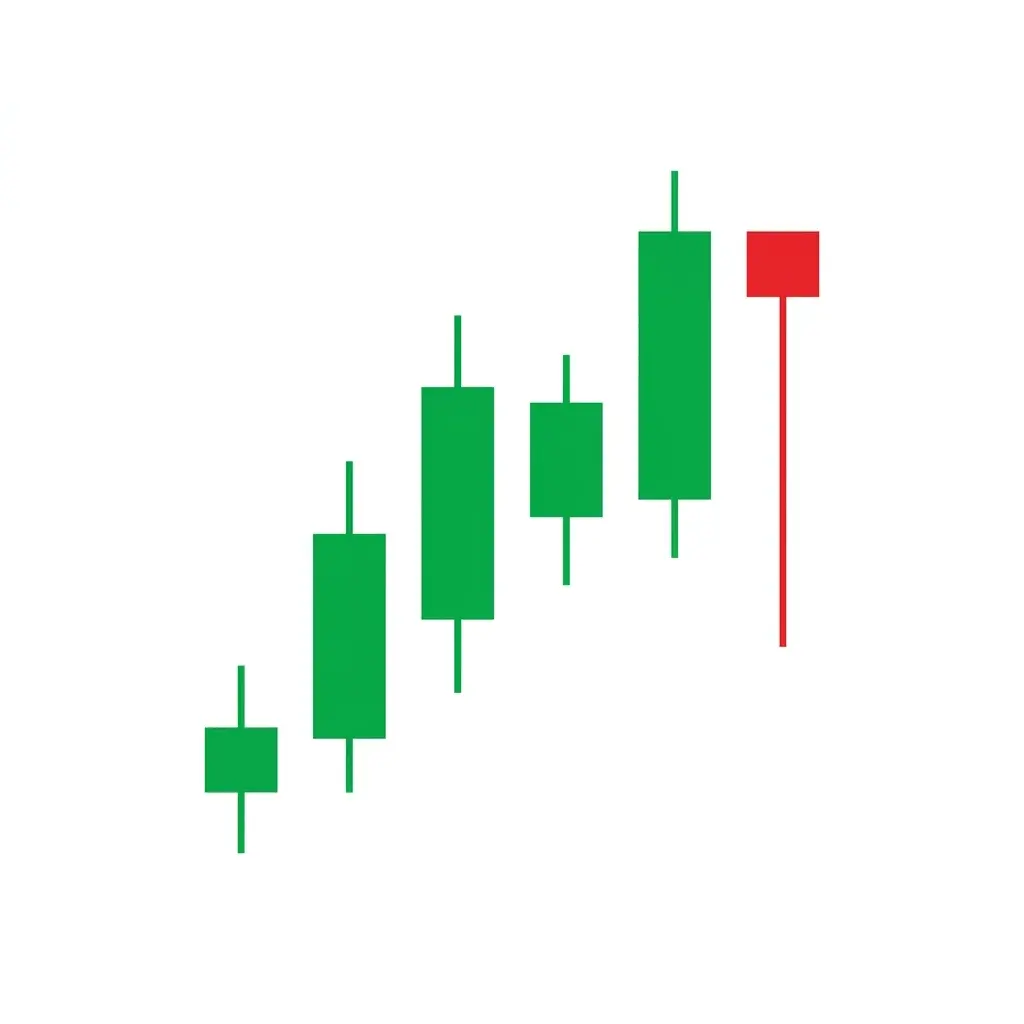 Bearish hanging man candlestick with a small body at the top and long lower shadow appearing at the top of an uptrend