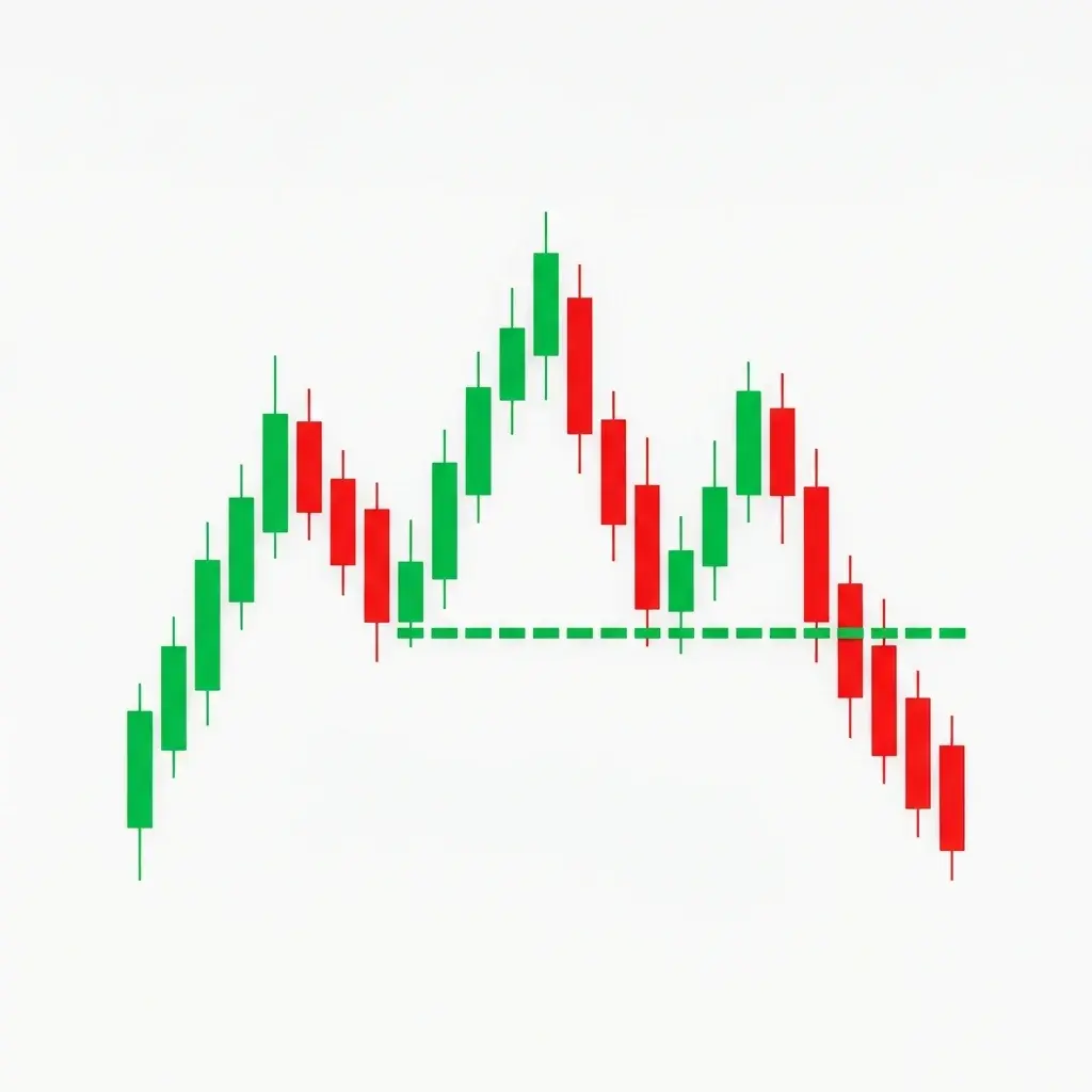 Head and shoulders top pattern showing three peaks with the middle peak highest and a neckline connecting the two troughs