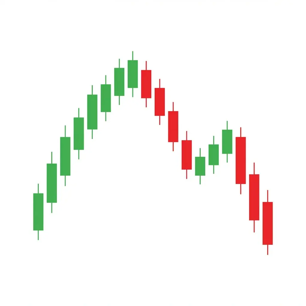 Inverted cup and handle pattern showing a rounded top followed by a small upward consolidation (handle) before a breakdown