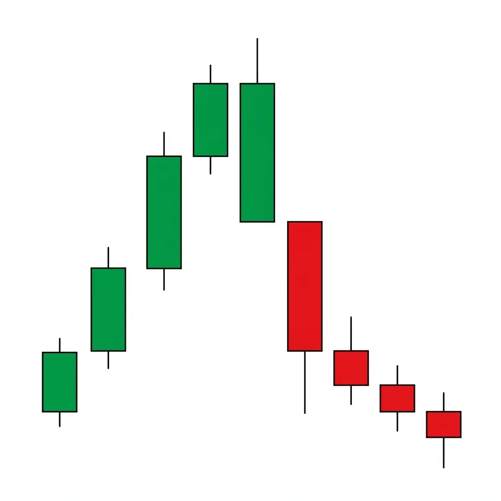 Bearish kicker pattern showing a bullish marubozu followed by a bearish marubozu that gaps below the first candle's open