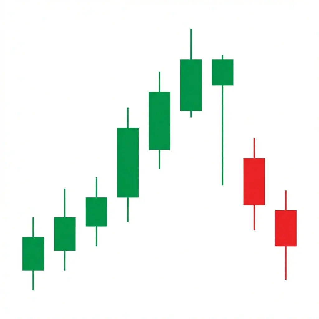 Bearish ladder top showing three bullish candles climbing like a ladder followed by a hesitation candle and a bearish confirmation