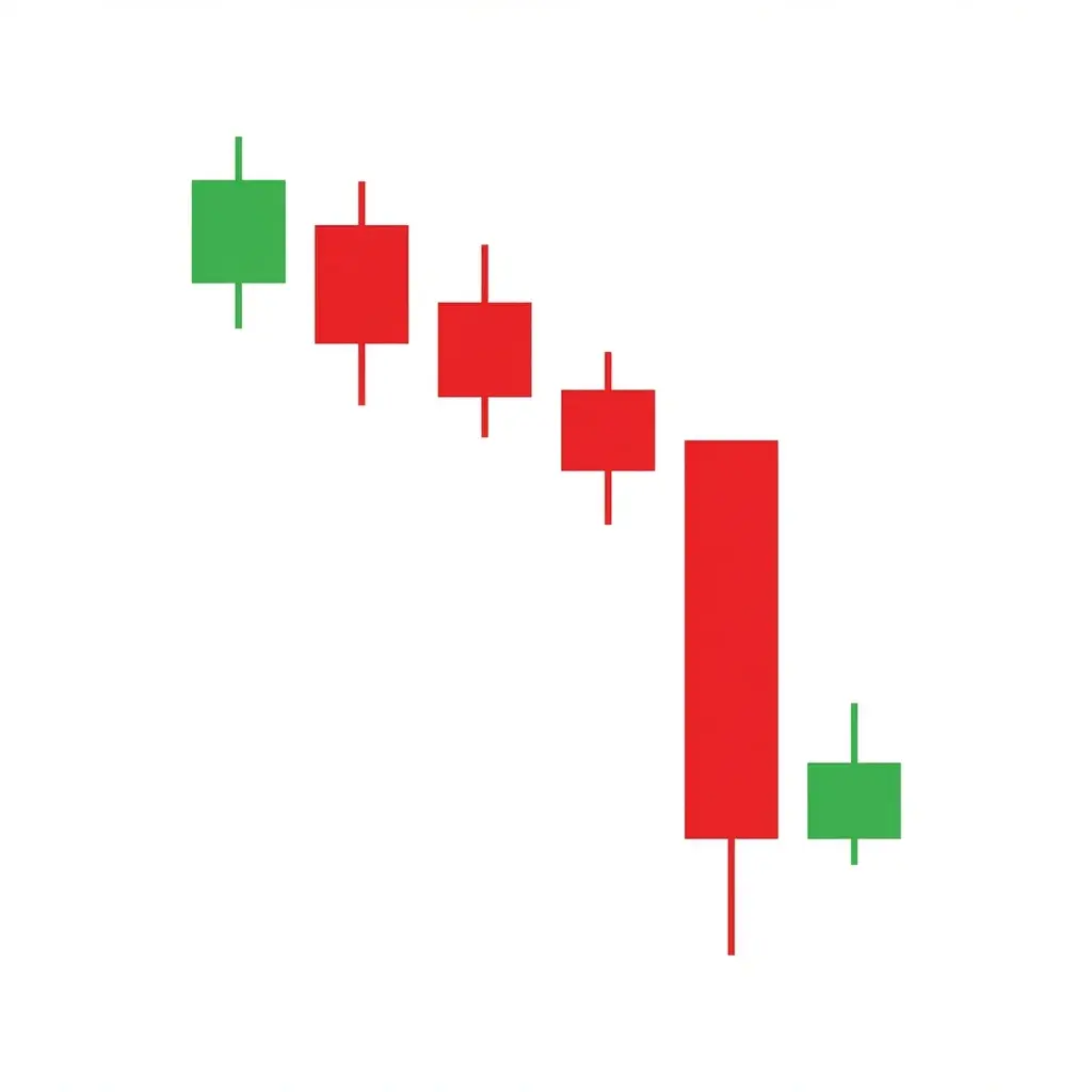 Bearish on neck pattern showing a bearish candle followed by a small bullish candle closing at the first candle's low