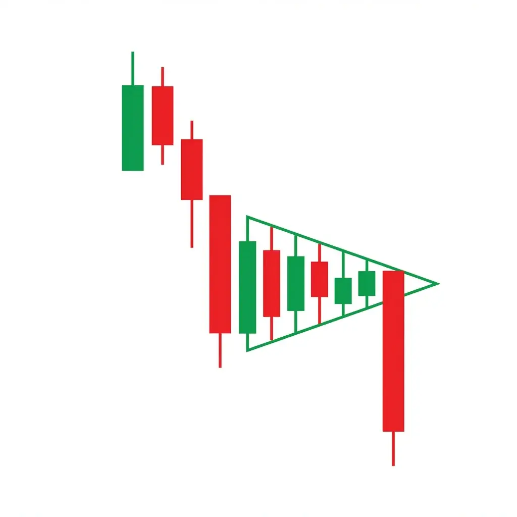 Bearish pennant pattern showing a sharp decline followed by a symmetrical triangle consolidation and breakdown continuation