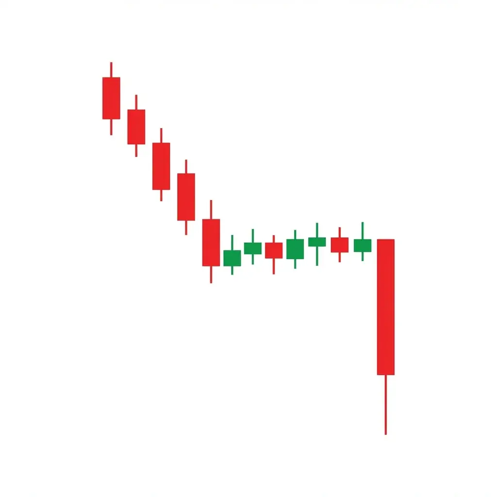 Bearish redistribution pattern showing a Wyckoff trading range with upthrust and sign of weakness phases during a downtrend