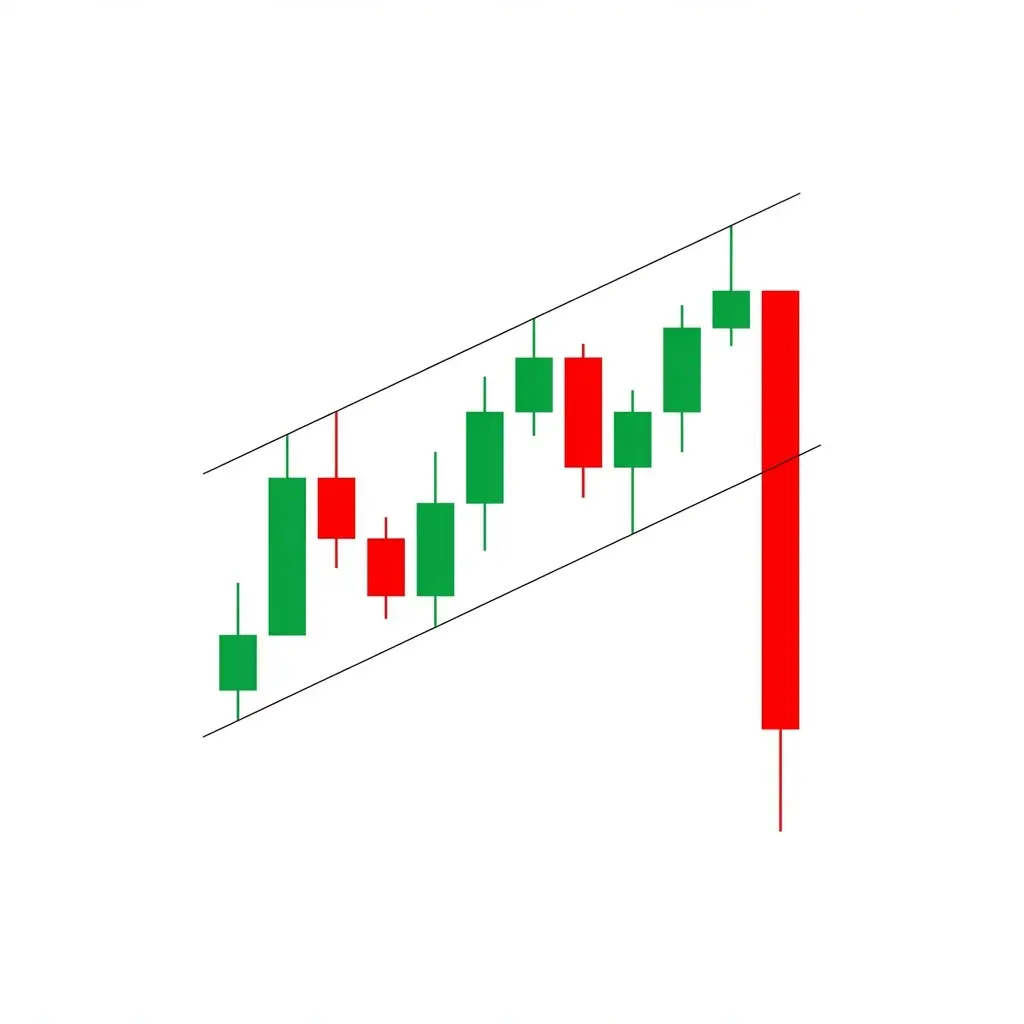 Bearish rising channel break showing price moving in an ascending channel before breaking below the lower trendline