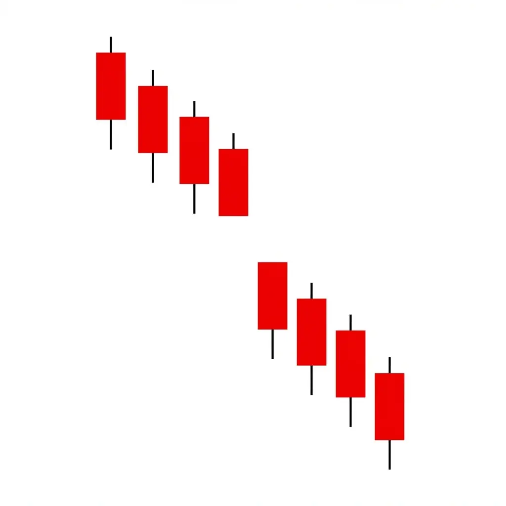 Bearish runaway gap showing a gap down in the middle of a downtrend that remains unfilled as the decline continues
