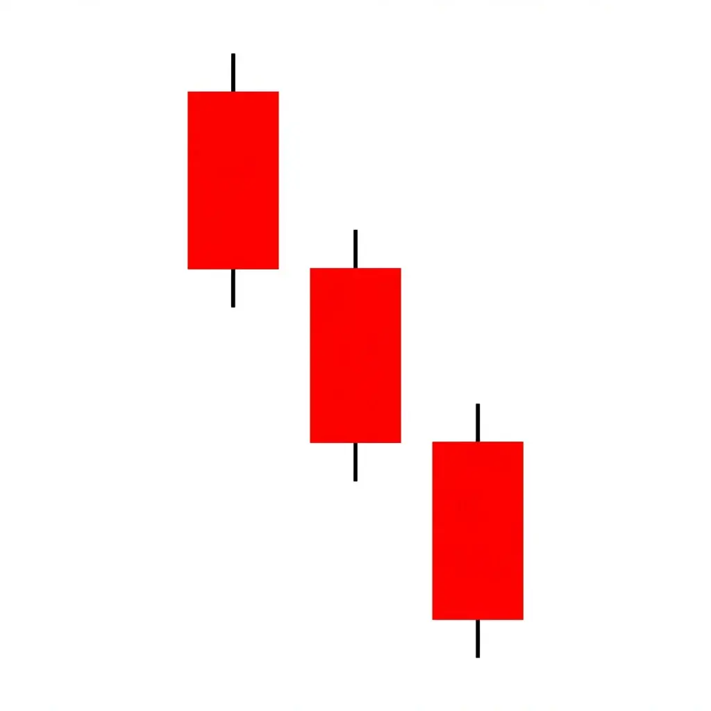 Three black crows pattern showing three consecutive long bearish candles each closing near their lows and opening within the prior candle's body