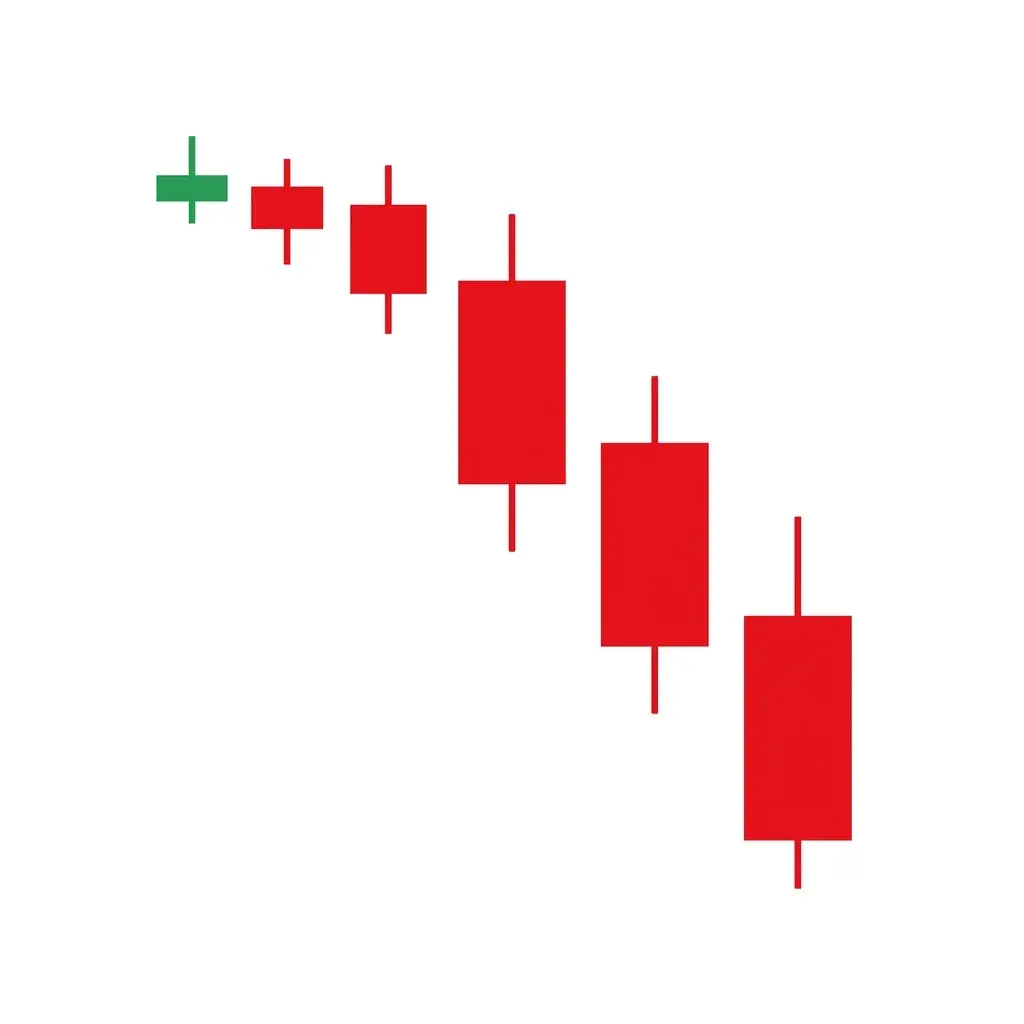 Three declining soldiers pattern showing three bearish candles with progressively smaller bodies indicating weakening selling momentum