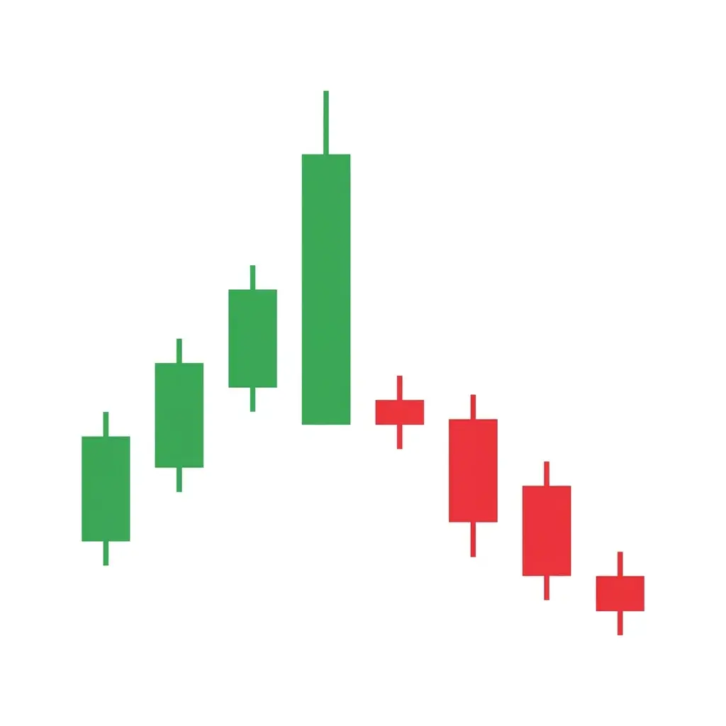 Bearish three inside down showing a bullish candle, a smaller bearish candle inside it, and a bearish confirmation candle closing below the first