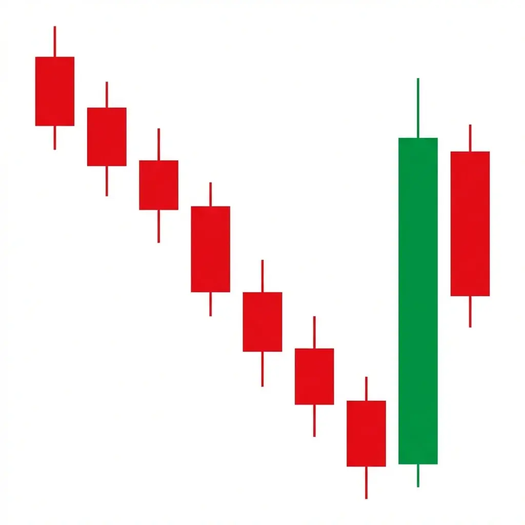 Bearish three line strike showing three bearish candles followed by a large bullish candle that engulfs all three, preceding continuation lower