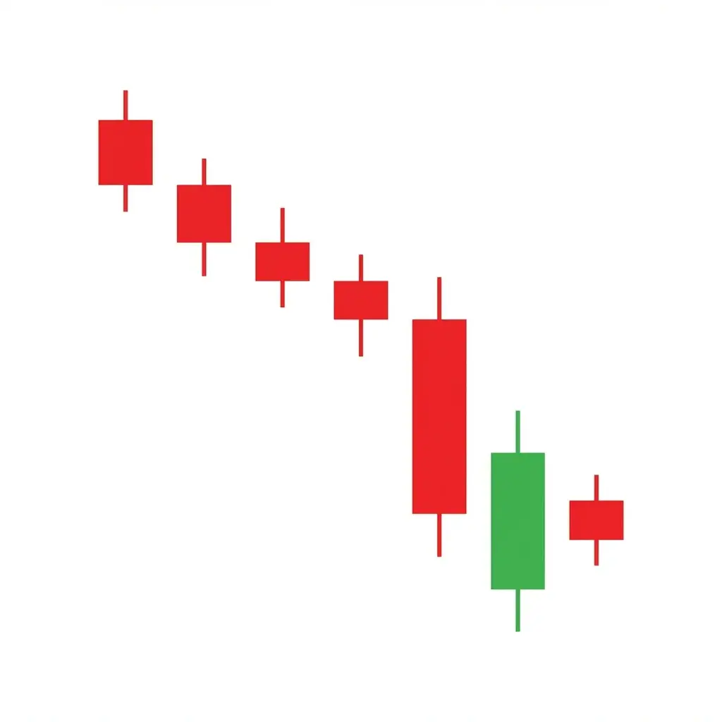 Bearish thrusting pattern showing a bearish candle followed by a bullish candle that closes into but not above the midpoint of the first candle