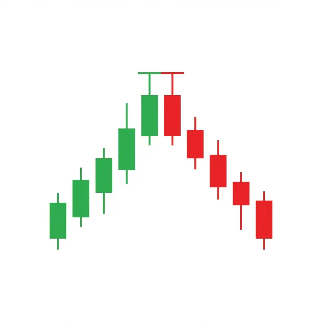 Bearish tweezer top showing two candles with matching highs at the top of an uptrend, signaling a reversal
