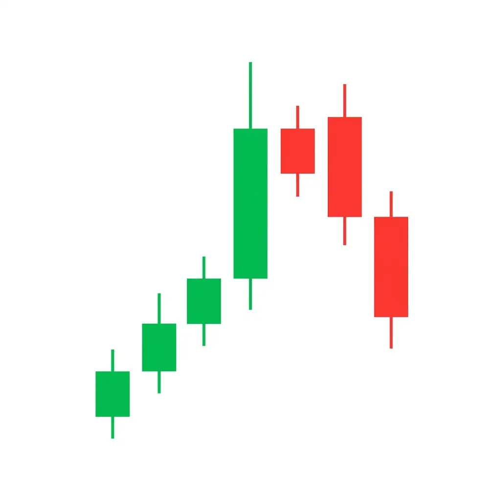 Bearish upside gap two crows showing a bullish candle with two bearish candles gapping above it, with the gap remaining unfilled