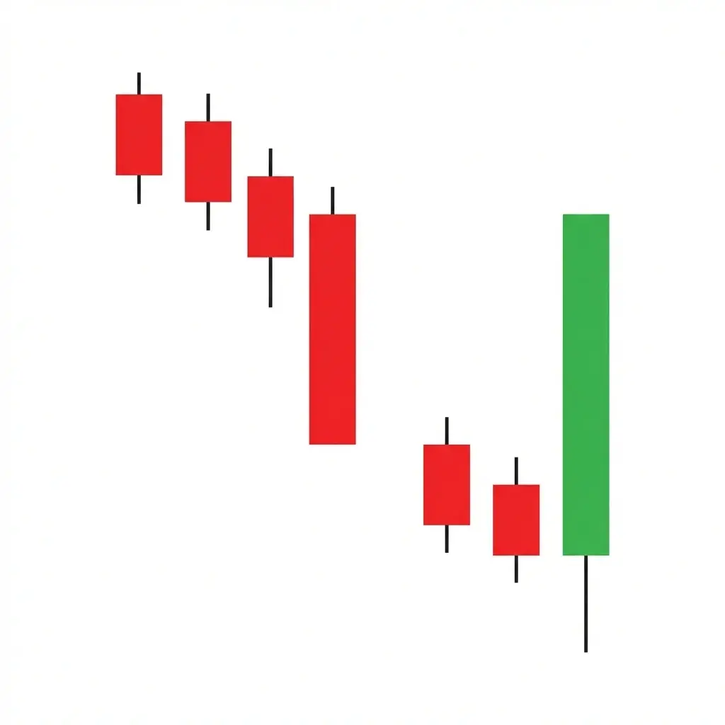 Bullish Breakaway pattern showing five candles with a gap down followed by smaller candles and a large bullish reversal