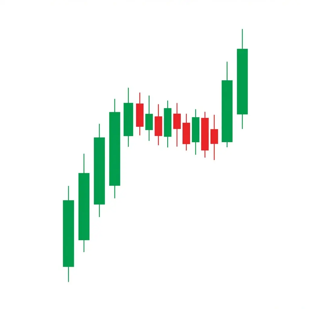 Bullish Flag showing a sharp upward pole followed by a small rectangular consolidation drifting slightly lower