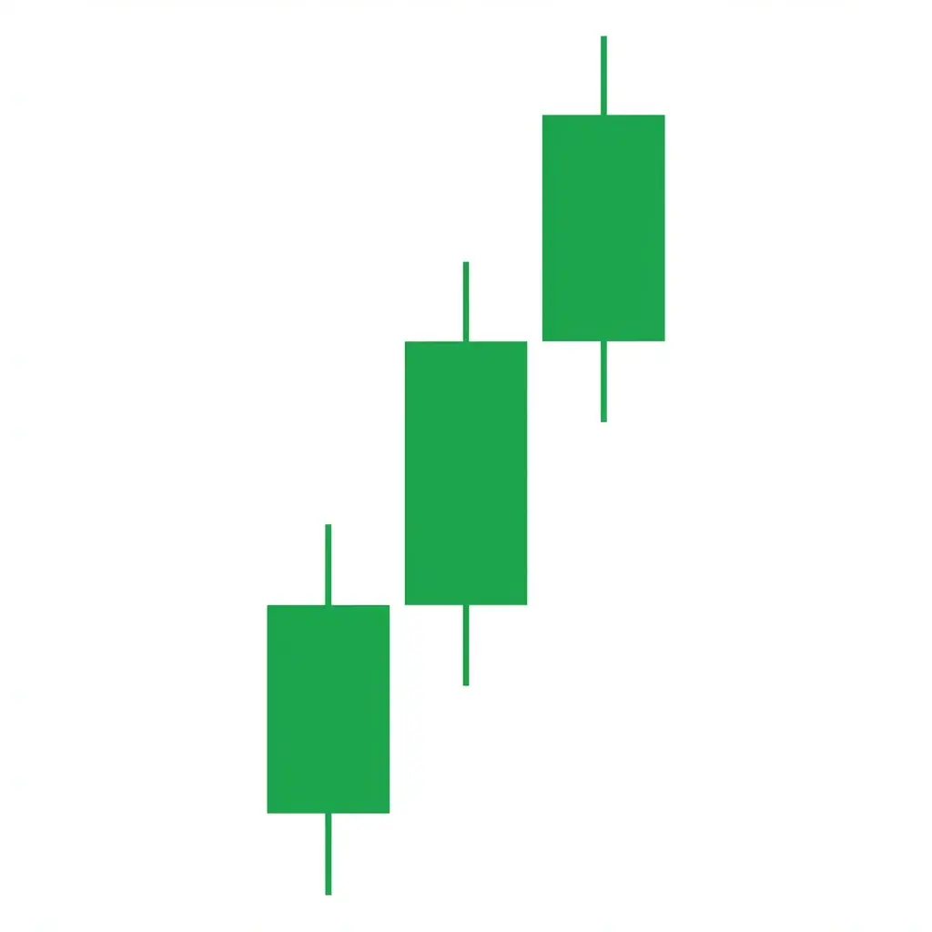 Three consecutive bullish candles of similar size opening at or near the prior close, advancing steadily higher