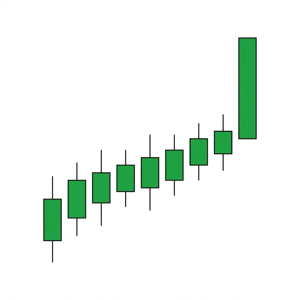 Bullish marubozu candle with no upper or lower shadow, opening at the low and closing at the high