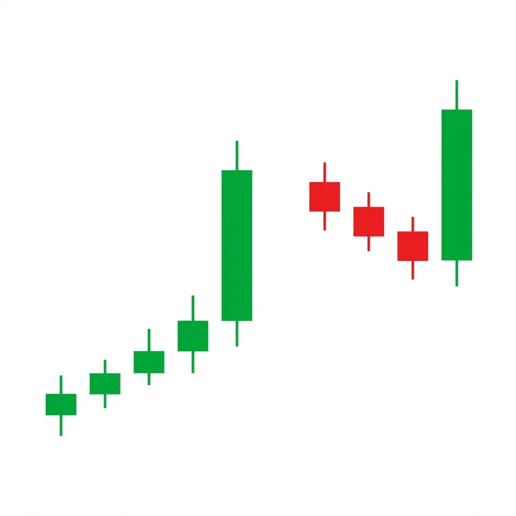Mat hold pattern with a strong bullish candle, three small bearish candles that hold above the first candle's midpoint, followed by a bullish continuation candle
