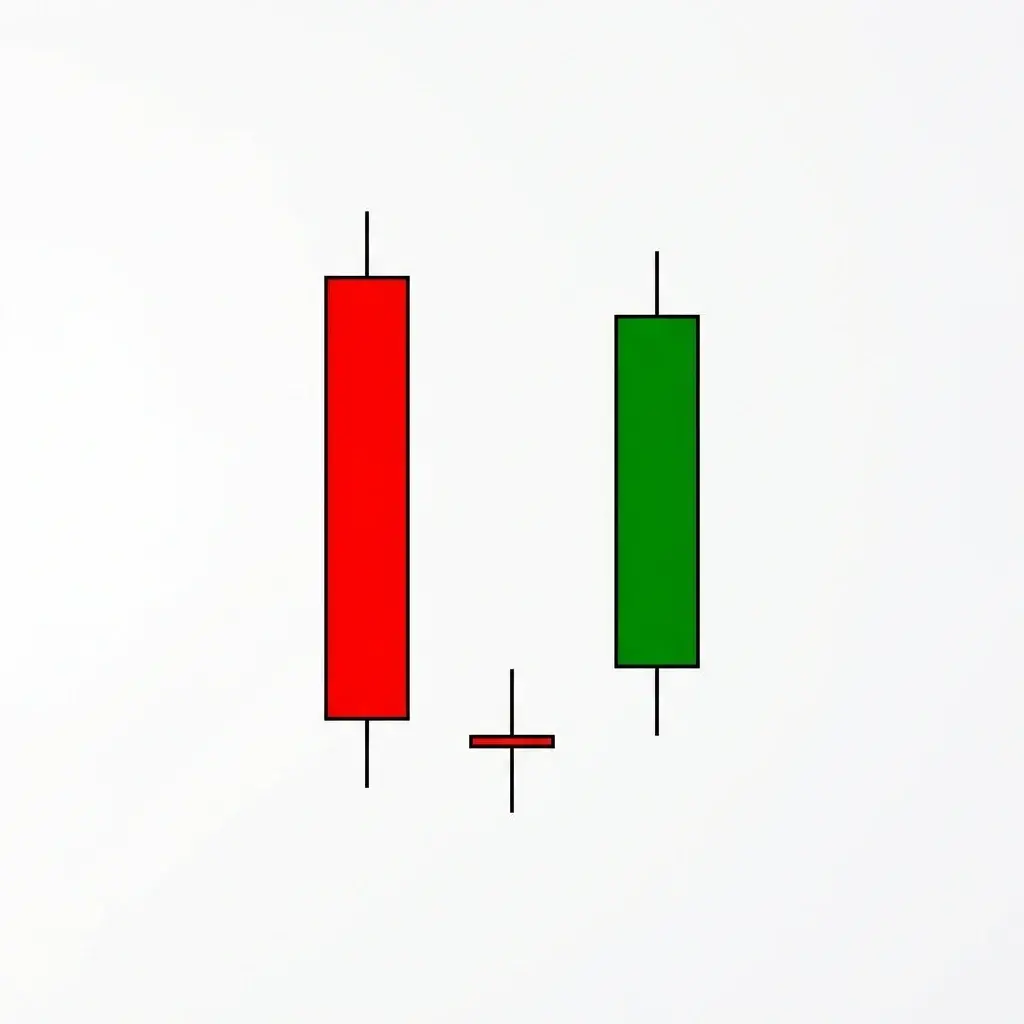 Morning doji star with a bearish candle, a doji gapping below, and a bullish candle closing into the first candle's body