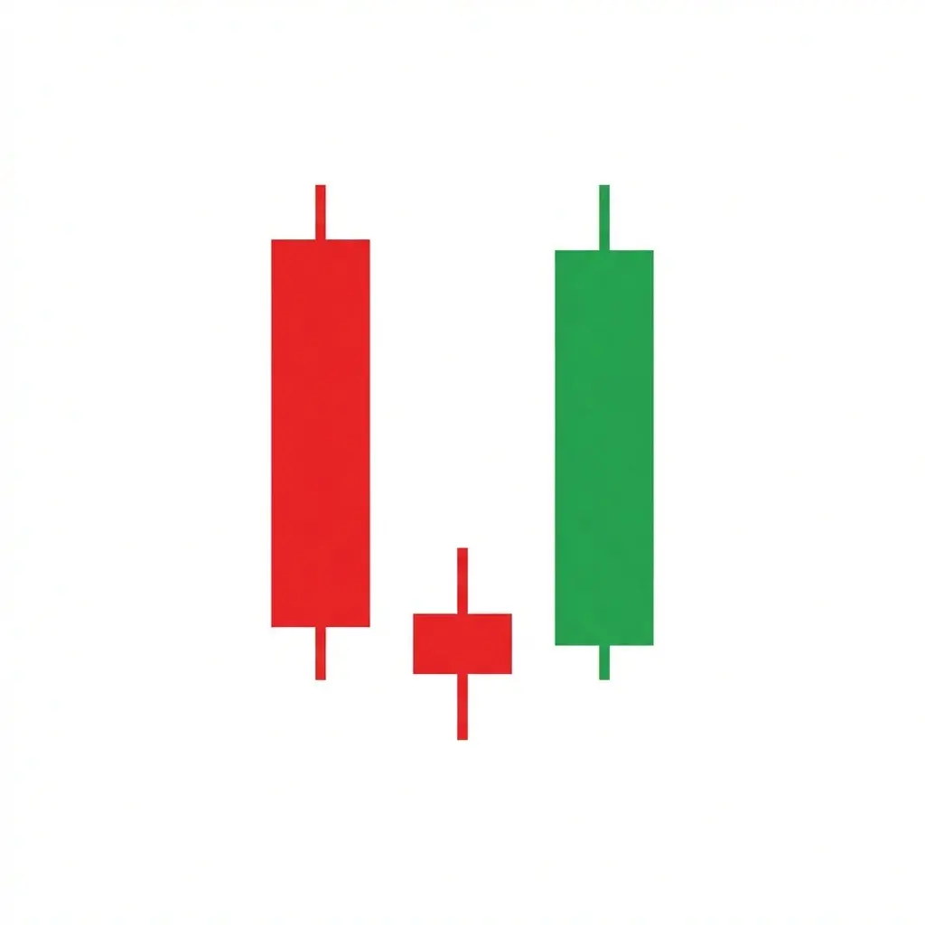 Morning star pattern with a bearish candle, small-bodied star candle gapping below, and a bullish candle closing into the first candle's body