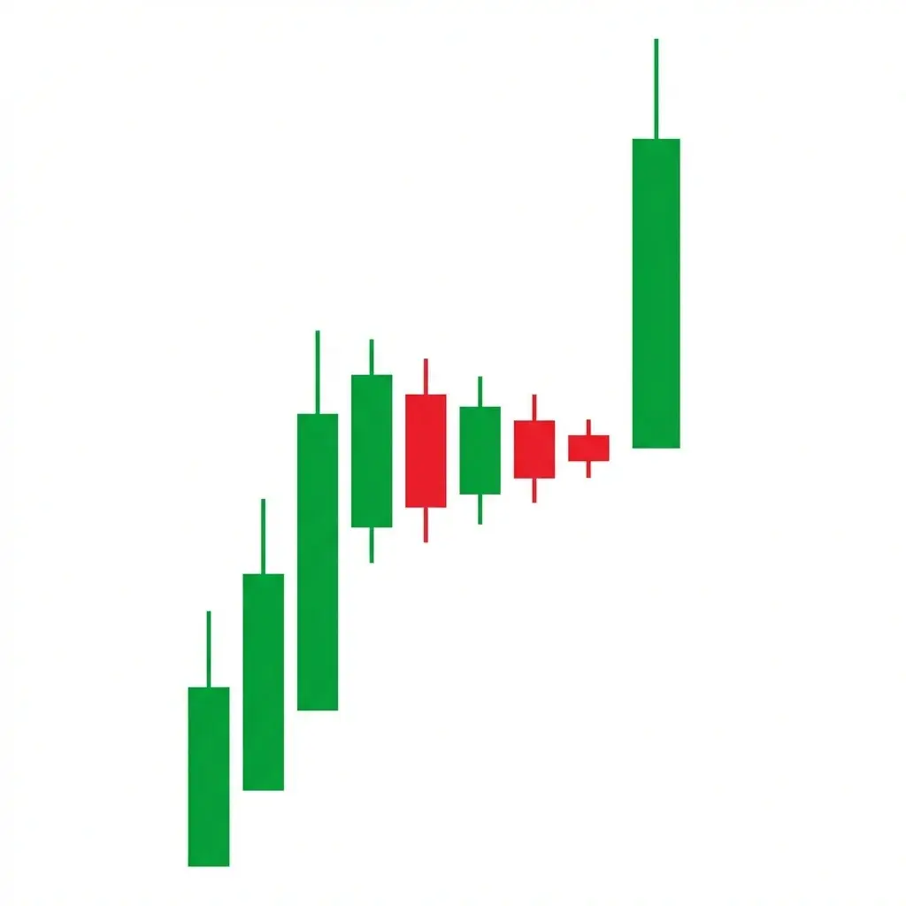 Bullish pennant pattern showing a sharp flagpole advance followed by converging trendlines forming a small triangle before breakout