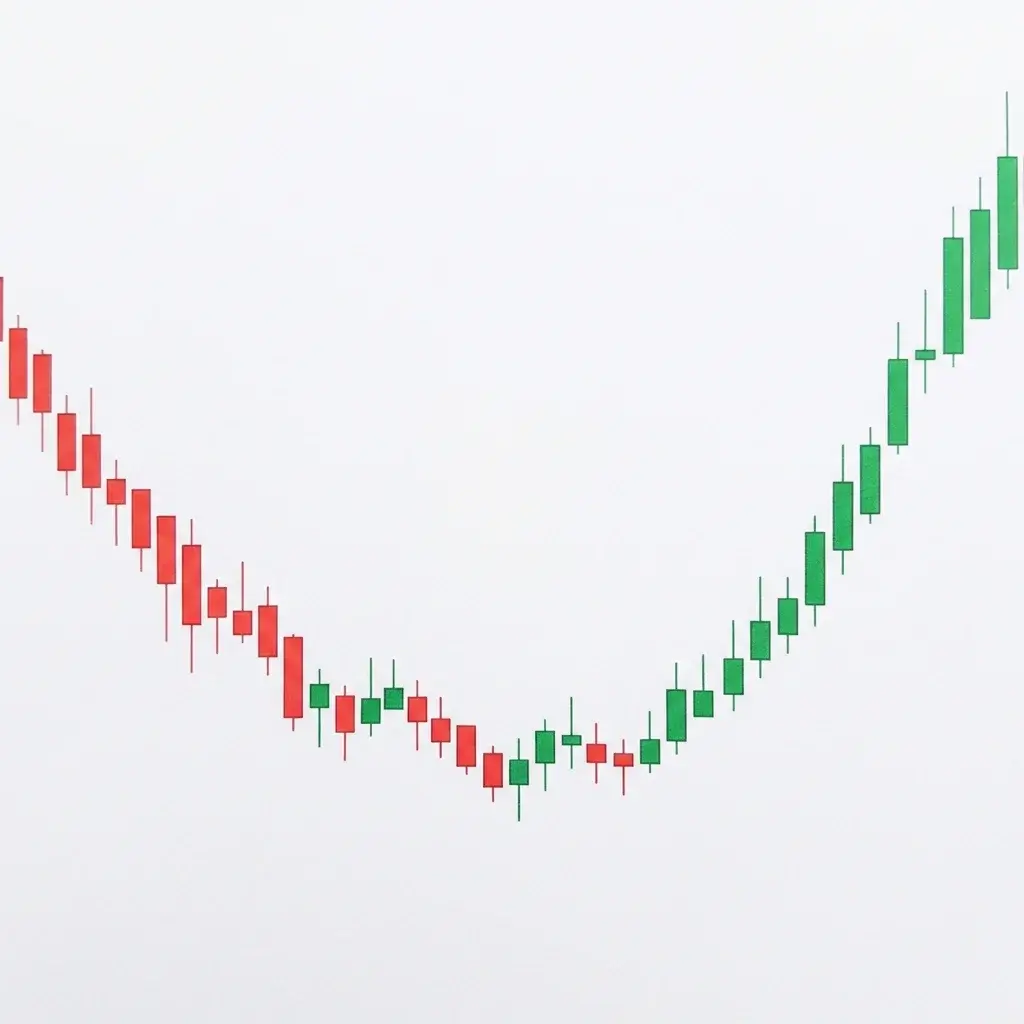 Bullish Rounding Bottom pattern showing a gradual U-shaped transition from downtrend to uptrend with declining then rising volume