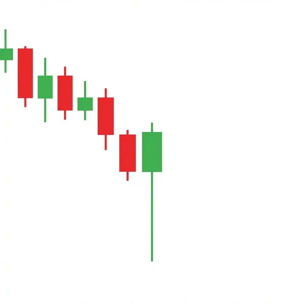 Bullish Takuri candle showing an extremely long lower shadow with a very small body near the top, indicating strong rejection of lower prices