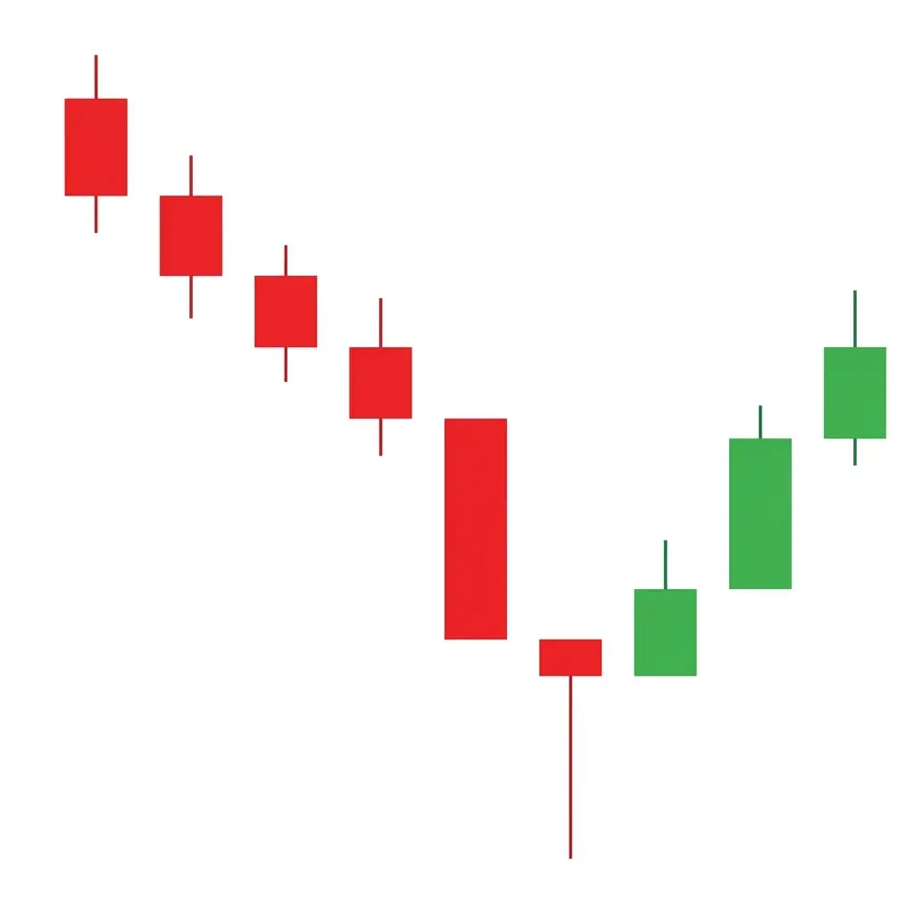 Bullish Three River Bottom showing a long bearish candle, a harami candle with a long lower shadow, and a small bullish candle near the second candle's body