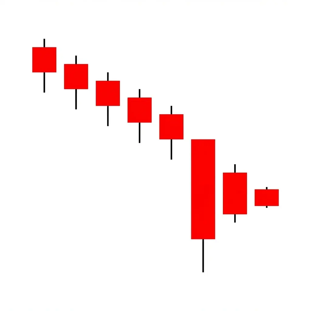 Three Stars in the South showing three bearish candles with progressively shorter bodies and lower shadows, each contained within the prior candle's range