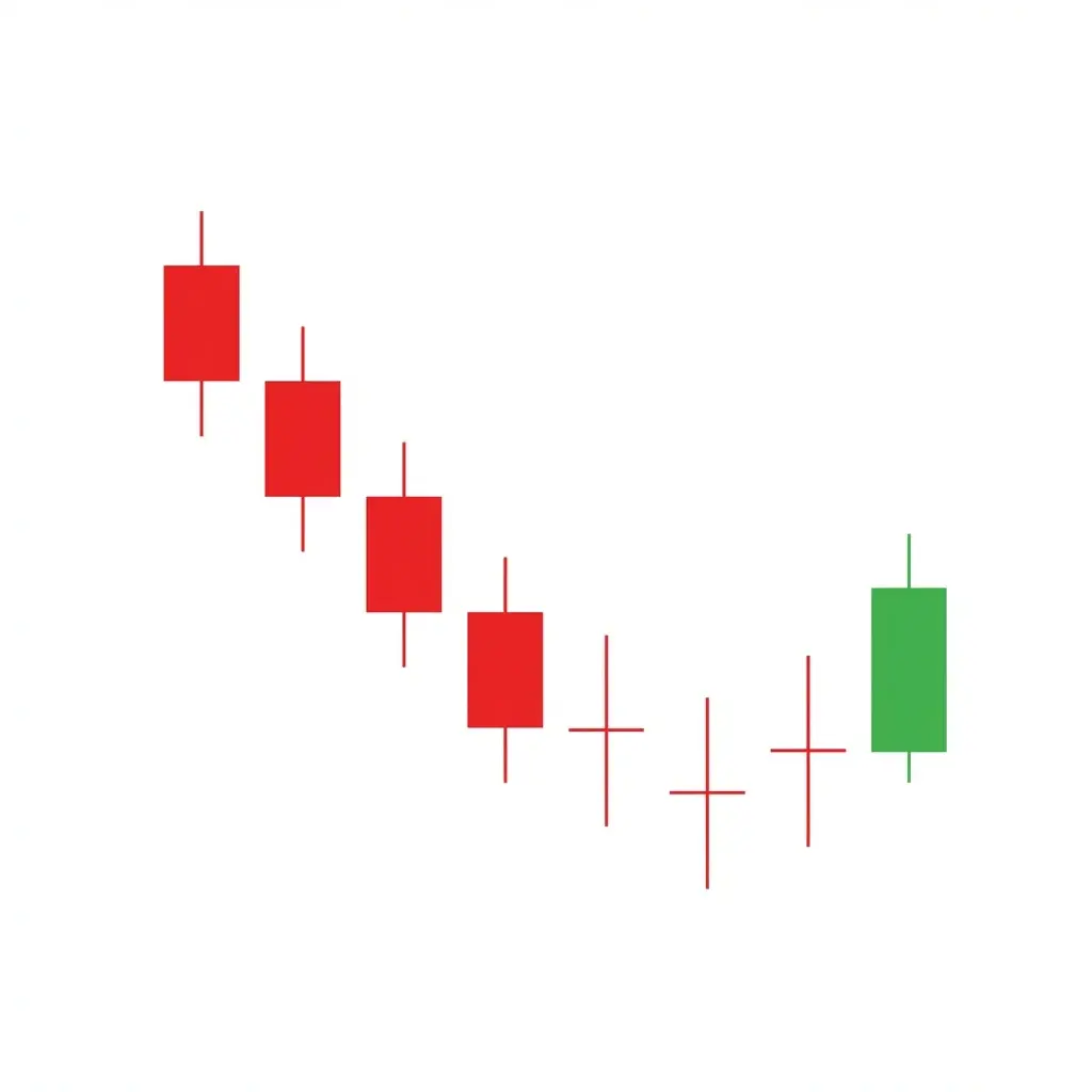 Bullish Tri-Star showing three consecutive doji candles at a market bottom, with the middle doji gapping below the first and third