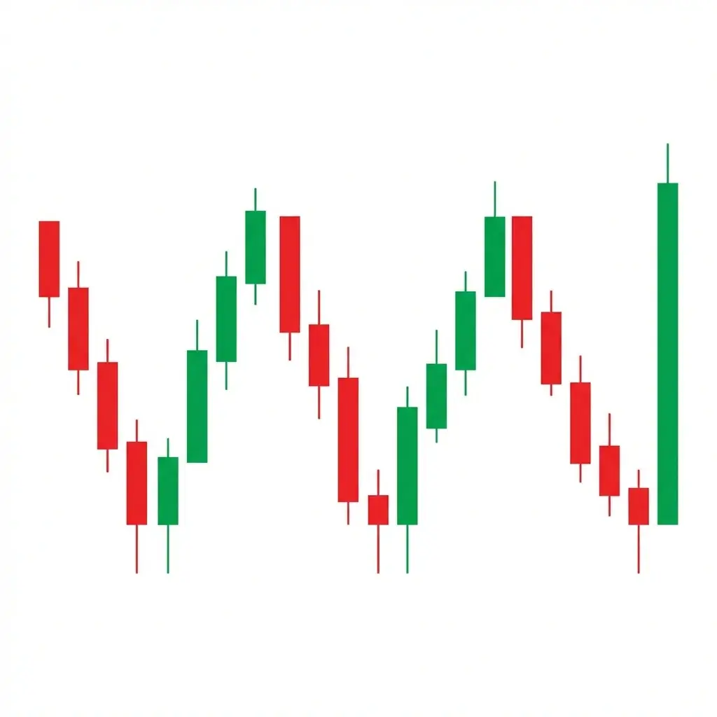 Bullish Triple Bottom showing three distinct lows at approximately the same price level with two peaks between them, forming a W-shape with an extra low