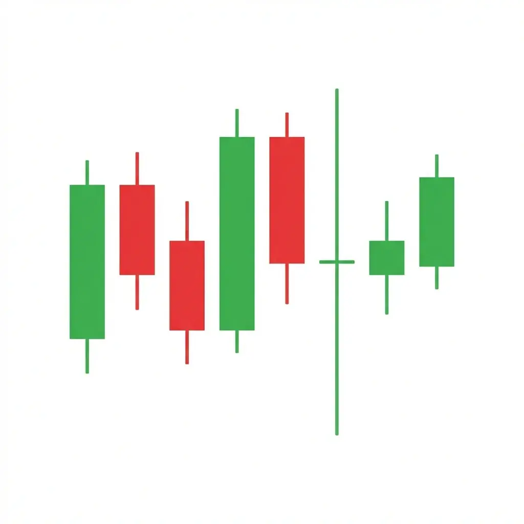 Long-legged doji candlestick with very long upper and lower shadows and the open/close near the middle of the range