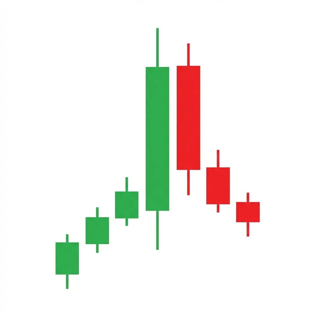Dark Cloud Cover pattern showing a bullish candle followed by a bearish candle that opens above the high and closes below the midpoint of the first candle
