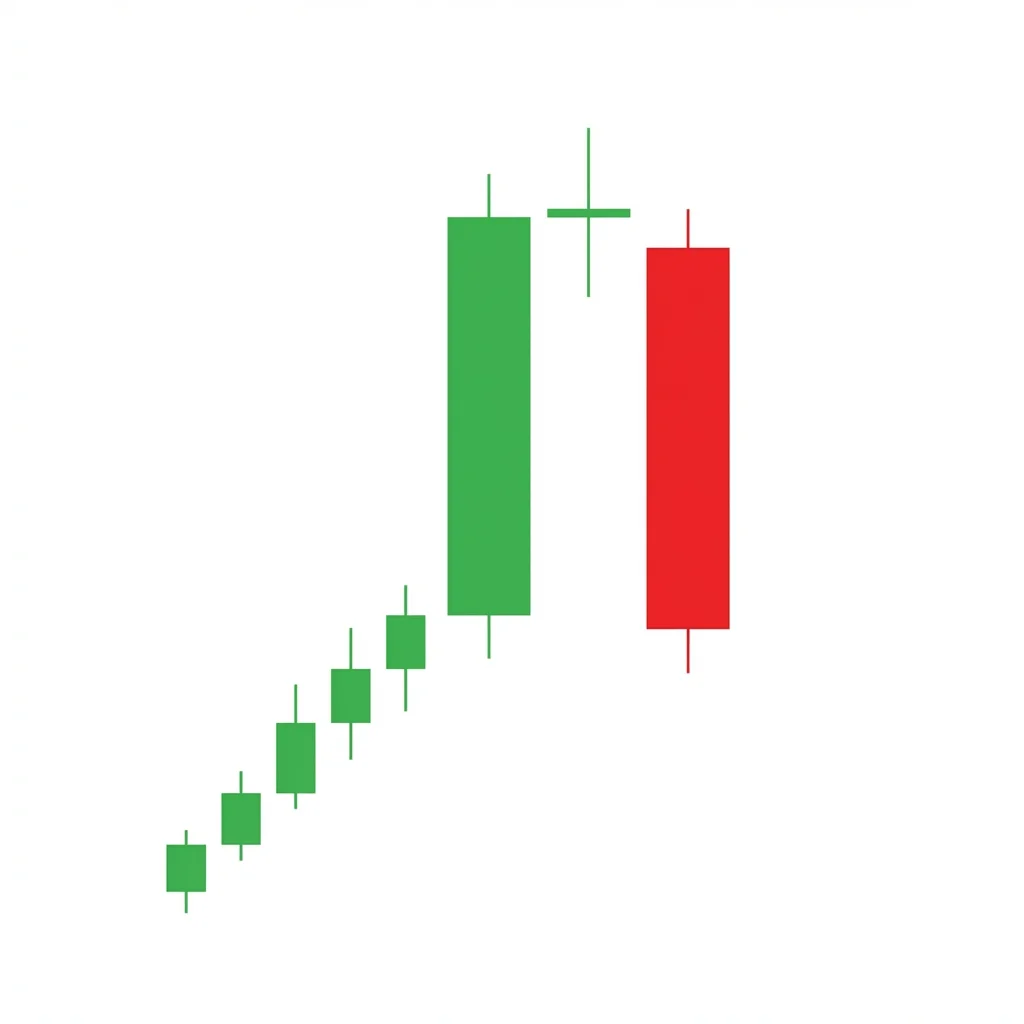 Evening Doji Star with a bullish candle, gap-up doji, and bearish candle closing into the first candle's body