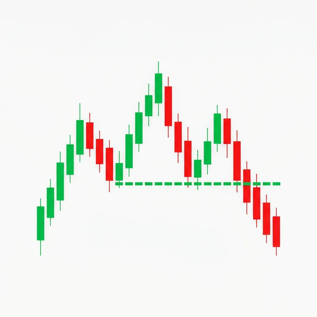 Head and shoulders top pattern showing three peaks with the middle peak highest and a neckline connecting the two troughs