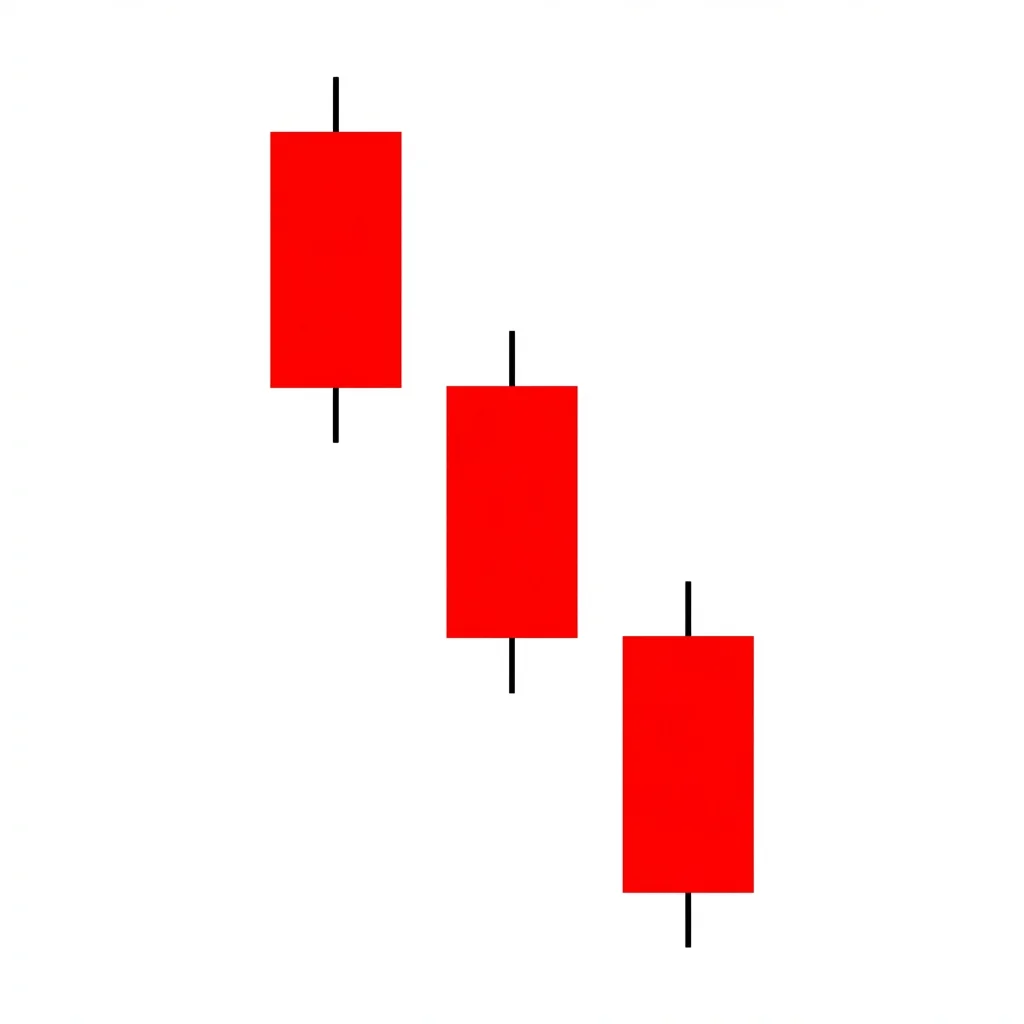 Three black crows pattern showing three consecutive long bearish candles each closing near their lows and opening within the prior candle's body
