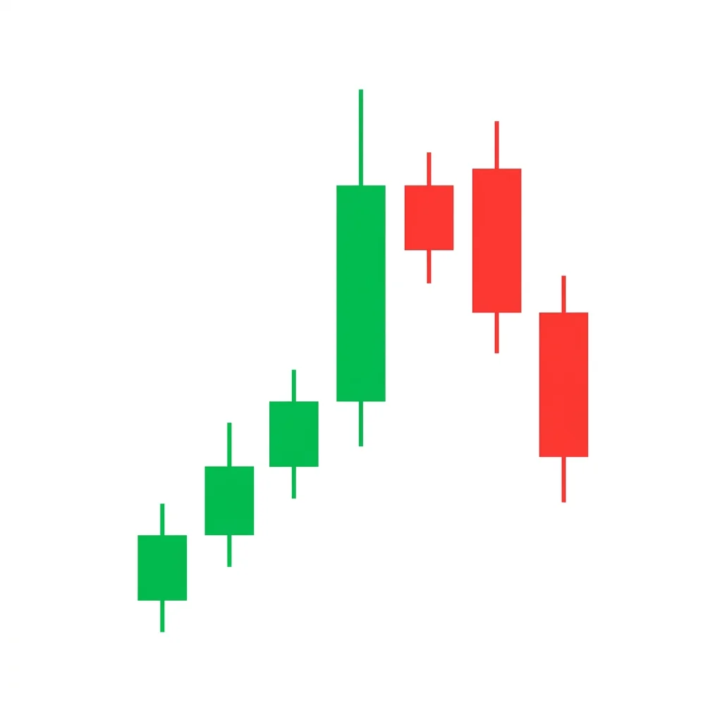Bearish upside gap two crows showing a bullish candle with two bearish candles gapping above it, with the gap remaining unfilled