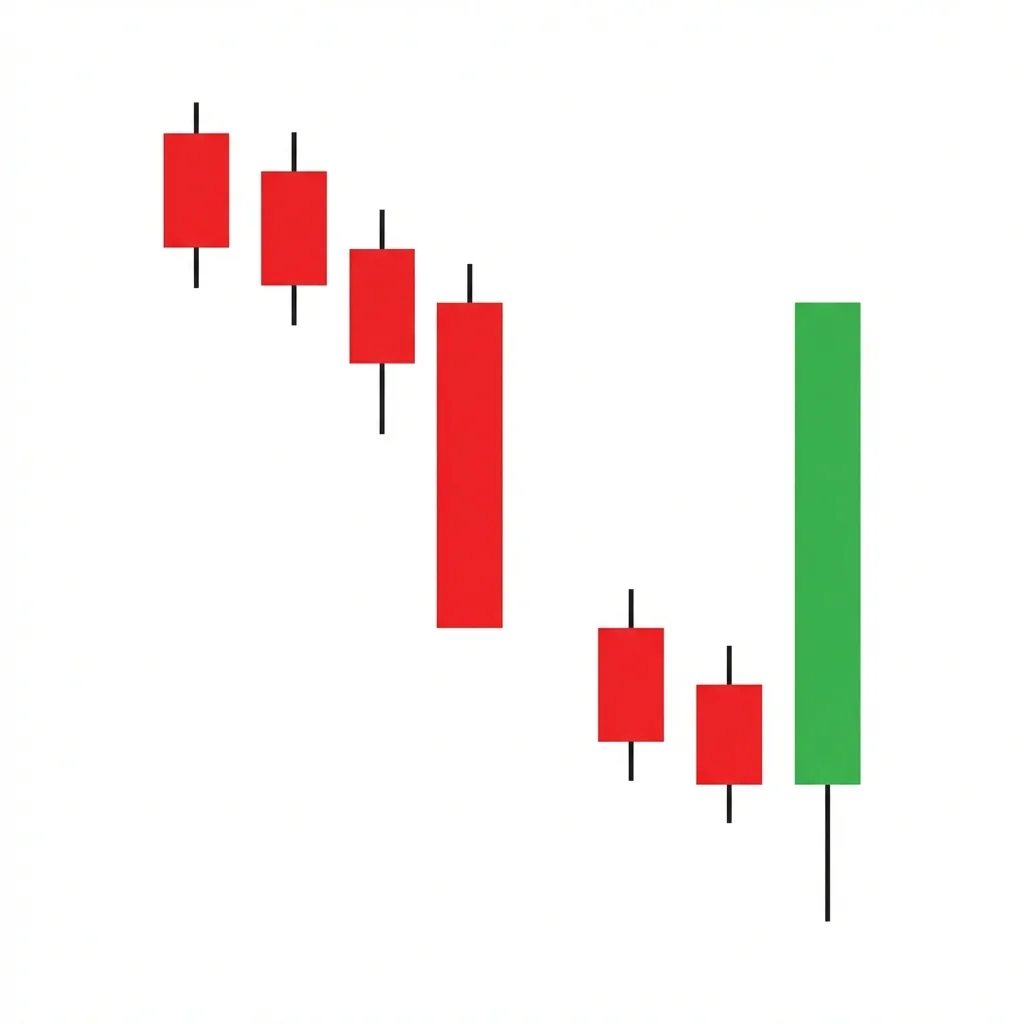 Bullish Breakaway pattern showing five candles with a gap down followed by smaller candles and a large bullish reversal