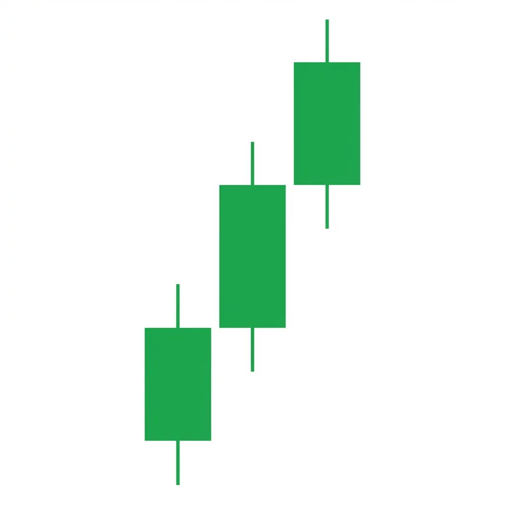 Three consecutive bullish candles of similar size opening at or near the prior close, advancing steadily higher