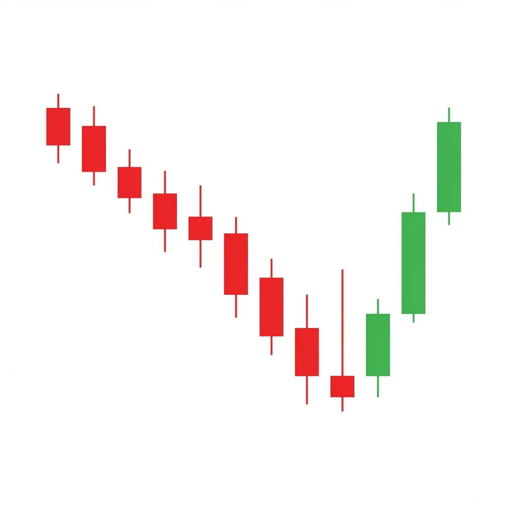 Ladder bottom pattern with three bearish candles descending like steps, followed by a reversal candle with upper shadow and a bullish candle