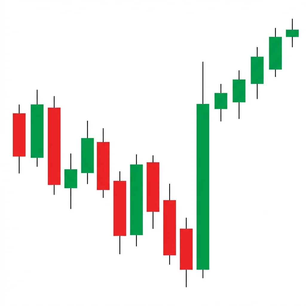 Bearish trend making lower lows and lower highs until price breaks above a previous swing high, signaling a bullish market structure break