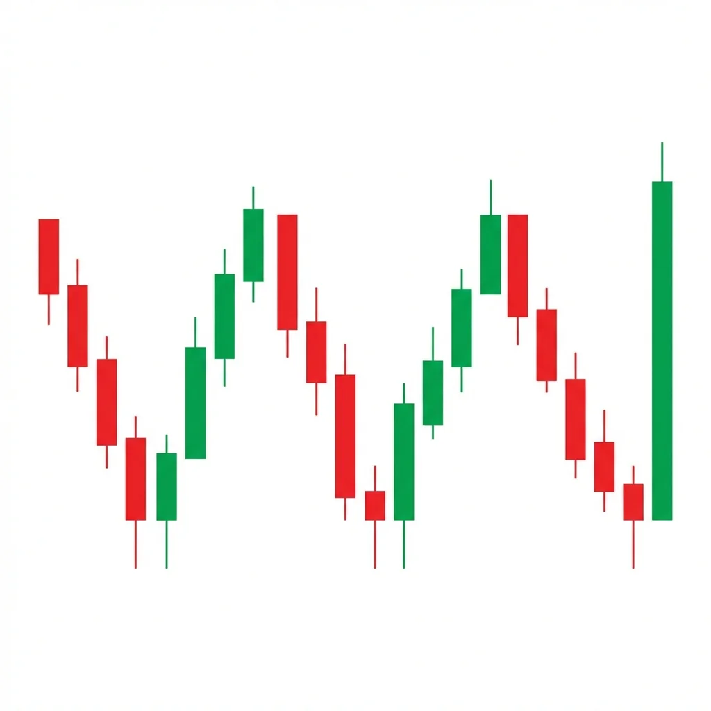 Bullish Triple Bottom showing three distinct lows at approximately the same price level with two peaks between them, forming a W-shape with an extra low